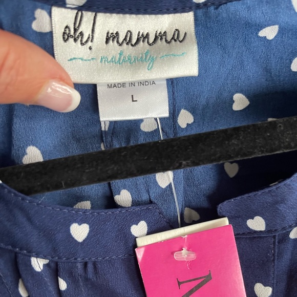 Oh Mamma Women’s Maternity Blue White Heart Pleated Button V Neck Back Tie SZ L - Picture 10 of 12